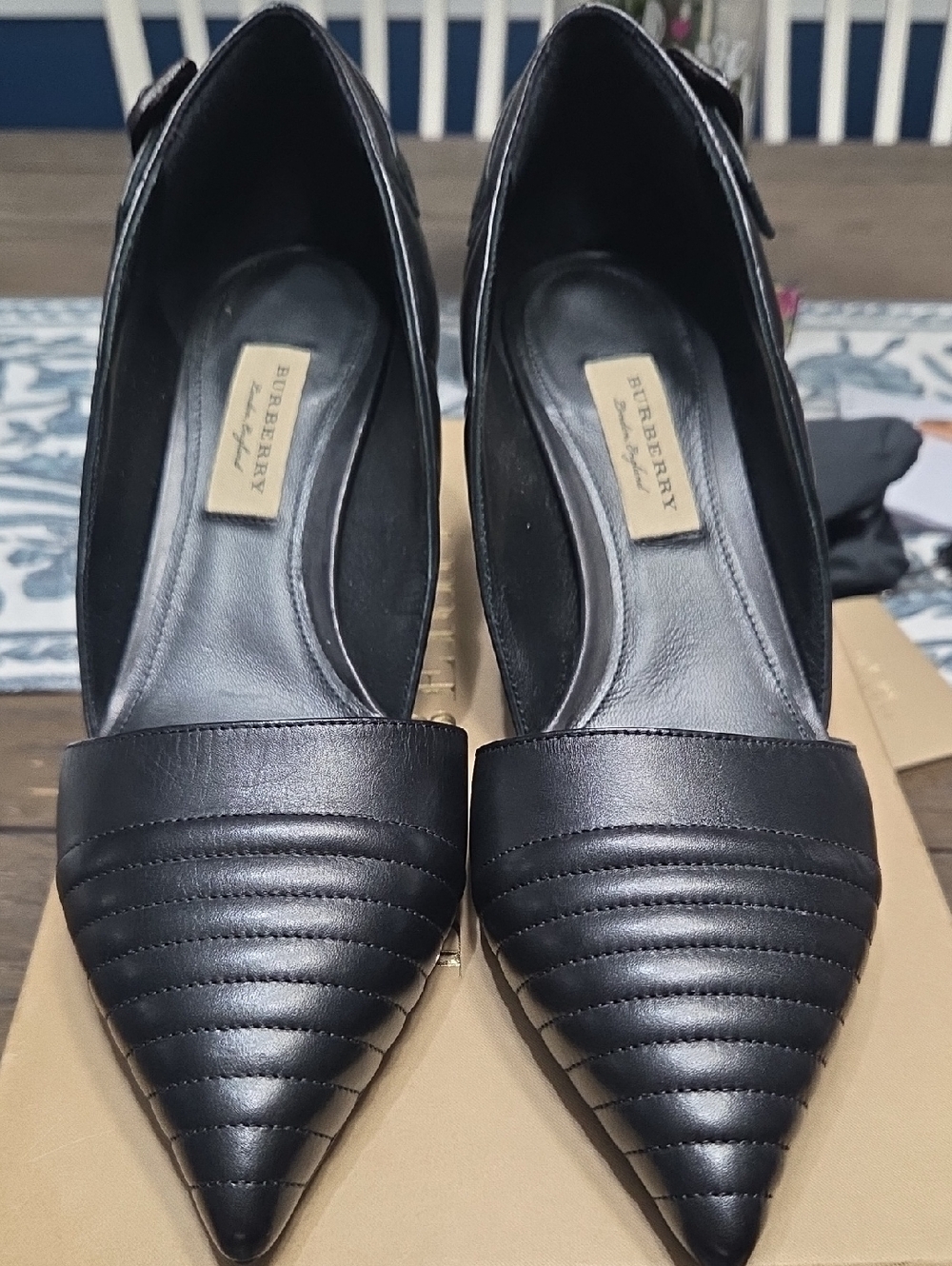 Burberry Black Quilted Pointed-Toe Leather Flats with Ankle Strap